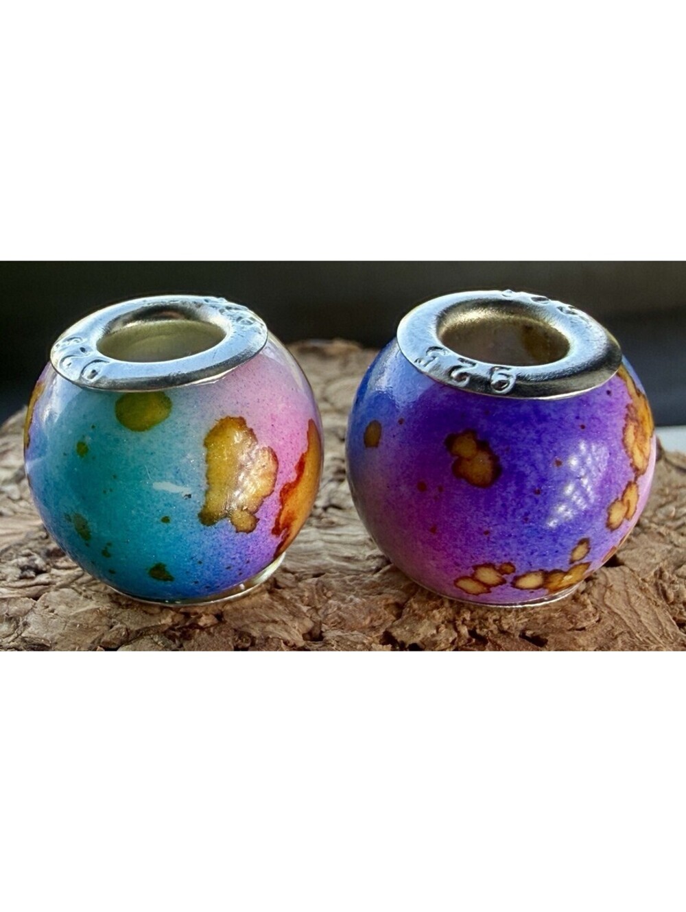 Set of 2 Colorful Watercolor Splatter Charm Beads 925 Sterling Silver READ DESC